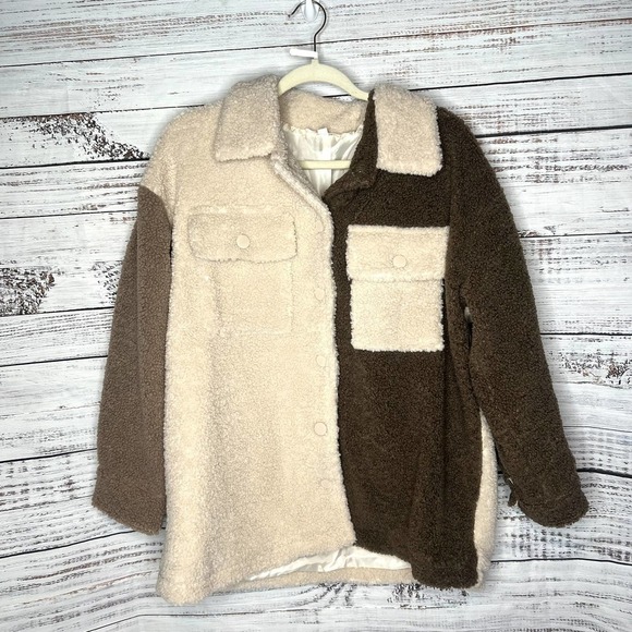 Urban Outfitters Ecote Oversized Color Block Shacket Jacket Sherpa Fleece Sm - Picture 1 of 3